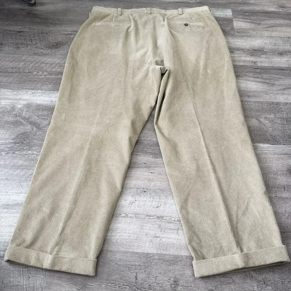 Brooks Brothers 346 Pants Mens 42x30 Tan Wide Wale Corduroy Pleated Cuffed